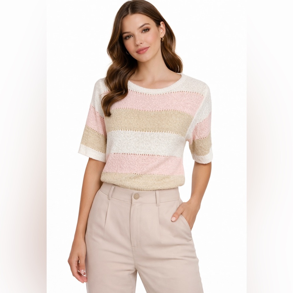 Vintage 1970s Striped Knit Sweater Short Sleeve Pullover